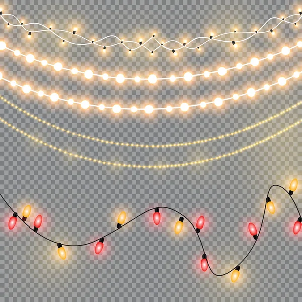 Leuchtende Weihnachtslichter Isolierten Realistische Gestaltungselemente Girlanden Weihnachtsdekoration Lichteffekte Weihnachten Hintergrund — Stockvektor