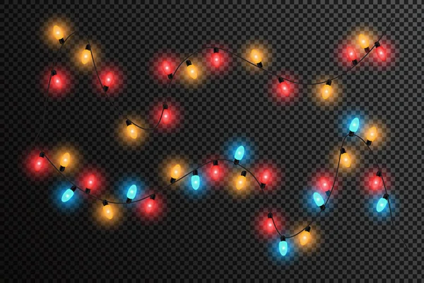 Gloeiende Christmas Lights Geïsoleerde Realistische Ontwerpelementen Slingers Kerstversiering Licht Effecten — Stockvector