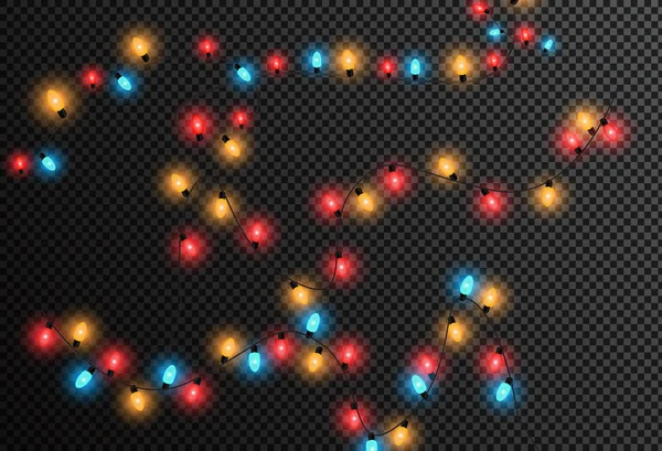 Parlak Noel Izole Gerçekçi Tasarım Öğeleri Işıklar Çelenk Noel Süslemeleri — Stok Vektör