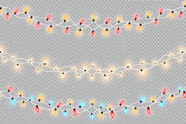 Leuchtende Weihnachtslichter Isolierten Realistische Gestaltungselemente Girlanden Weihnachtsdekoration Lichteffekte — Stockvektor