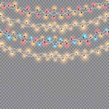 Parlayan Noel ışıkları. Çelenkler, Noel süslemeleri ışık efektleri. Mutlu yıllar..