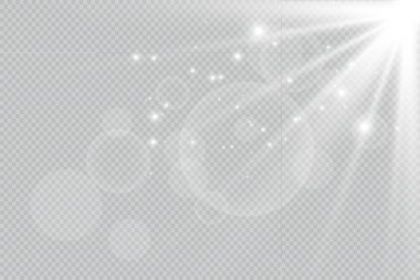 Beyaz güzel ışık şeffaf bir patlamayla patlar. Vektör, ışıltılı mükemmel efekt için parlak illüstrasyon. Parlak Yıldız. Parıltının şeffaf parlaklığı, parlak ışık.