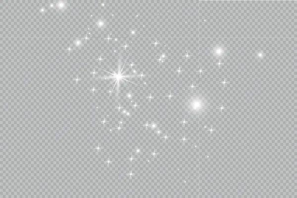 불꽃과 황금별은 특별한 빛으로 빛난다 투명한 배경에 반짝입니다 크리스마스 패턴입니다 — 스톡 벡터
