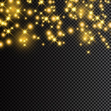 Toz sarıdır. Sarı kıvılcımlar ve altın yıldızlar özel ışıkla parlıyorlar. Şeffaf bir arkaplanda vektör parıldıyor. Noel ışığı etkisi. Parlak sihirli toz parçacıkları.