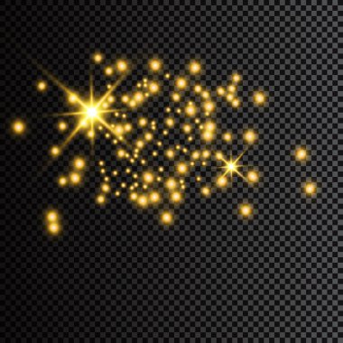 Toz sarıdır. Sarı kıvılcımlar ve altın yıldızlar özel ışıkla parlıyorlar. Şeffaf bir arkaplanda vektör parıldıyor. Noel ışığı etkisi. Parlak sihirli toz parçacıkları.