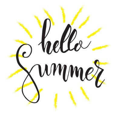 Yaz yazı kompozisyon Merhaba. Sarı güneşin arka plan üzerinde siyah metin ile ilham alıntı olduğunu. Vektör çizim afişler, posterler, tişörtler, kartlar