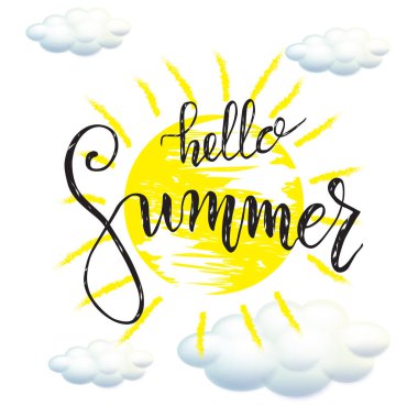 Yaz yazı kompozisyon Merhaba. Sarı güneşin arka plan üzerinde siyah metin ile ilham alıntı olduğunu. Vektör çizim afişler, posterler, tişörtler, kartlar