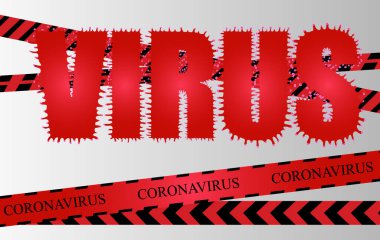 Siyah arka planda dikkat bandı. Düz stil uyarı çizgisi, tehlikeli bölge işareti, Coronavirus, vektör çizimi. Covid 19