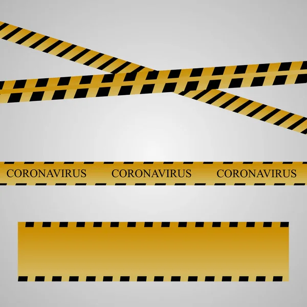 黒の背景に注意テープ フラットスタイル 危険なゾーン標識 コロナウイルス ベクトルイラストで警告ライン Covid — ストックベクタ