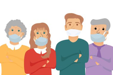 Bir grup insan kendilerini salgın hastalığa karşı koruyor. Coronavirus - COVID-19. Tıbbi maske takan bir grup insan..