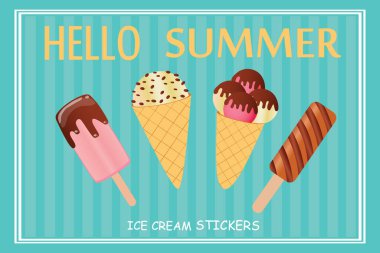  Dondurma ikonları hazır. Çizgi film tasarımı, gerçekçi. Dondurma simgelerini beyaz arkaplana yerleştir. Vektör illüstrasyonu.