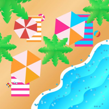 Deniz manzarası. Güzel yaz plajı geçmişi, kumsaldaki yaz aksesuarları. Güzel palmiye dalları.