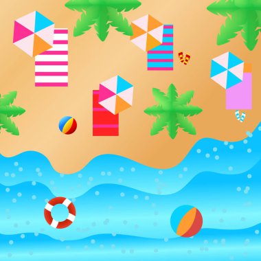 Deniz manzarası. Güzel yaz plajı geçmişi, kumsaldaki yaz aksesuarları. Güzel palmiye dalları.