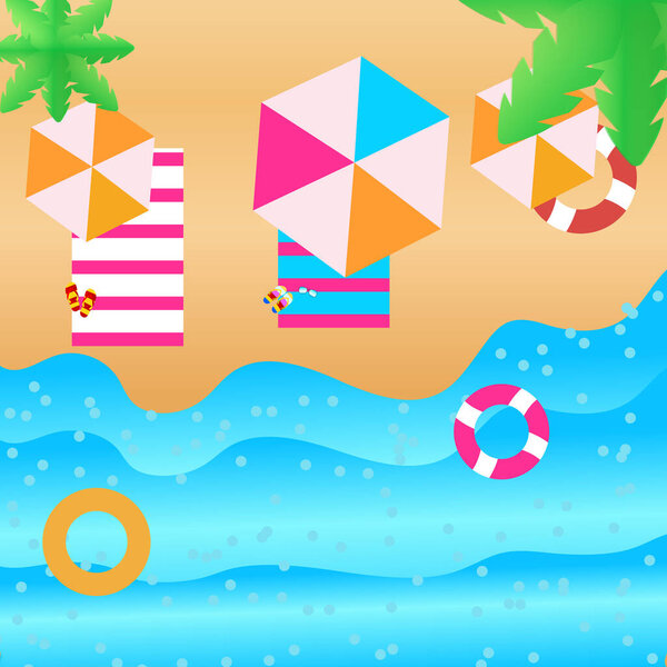 Морская панорама. Летний пляжный фон, летние принадлежности на песчаном пляже. Красивые пальмовые ветви
.