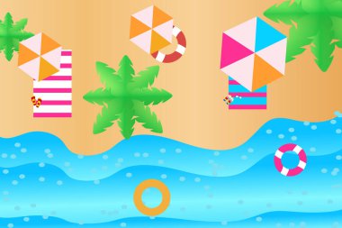 Deniz manzarası. Güzel yaz plajı geçmişi, kumsaldaki yaz aksesuarları. Güzel palmiye dalları.