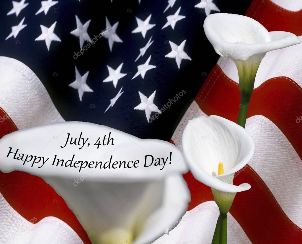 july 4th happy independence day with calla flowers on usa flag used as background