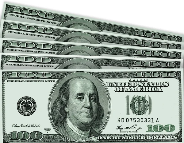 One hundred dollar paper currencies of the USA are isolated on white — Stock Photo, Image