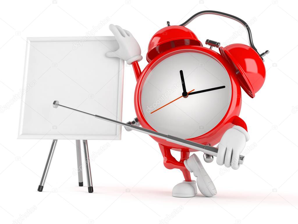 Alarm clock character with blank whiteboard
