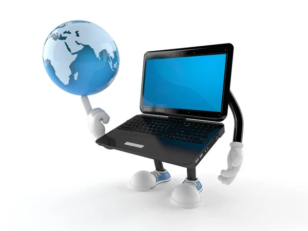 Laptop character with world globe — Stock Photo, Image