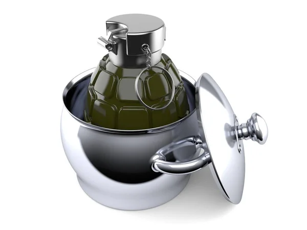 Oală de bucătărie deschisă cu grenadă de mână — Fotografie, imagine de stoc