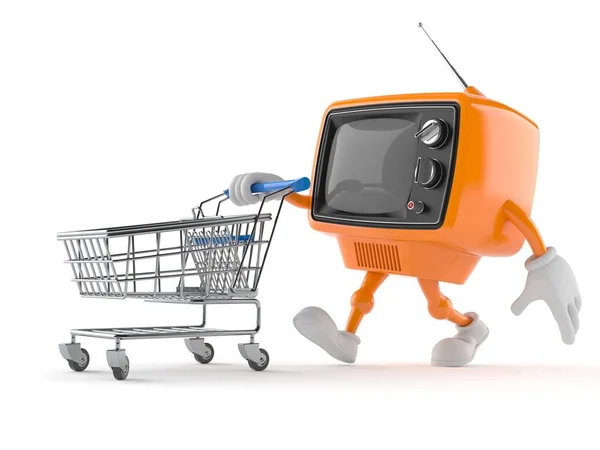 Retro TV character pushing a shopping cart — Stock Photo, Image