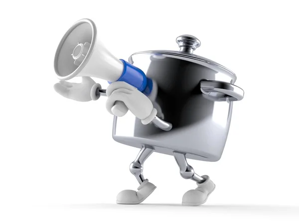 Персонаж кухонного горшка говорит через мегафон — стоковое фото