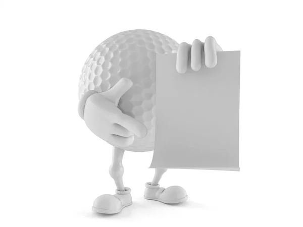 Personagem bola de golfe com folha de papel em branco — Fotografia de Stock