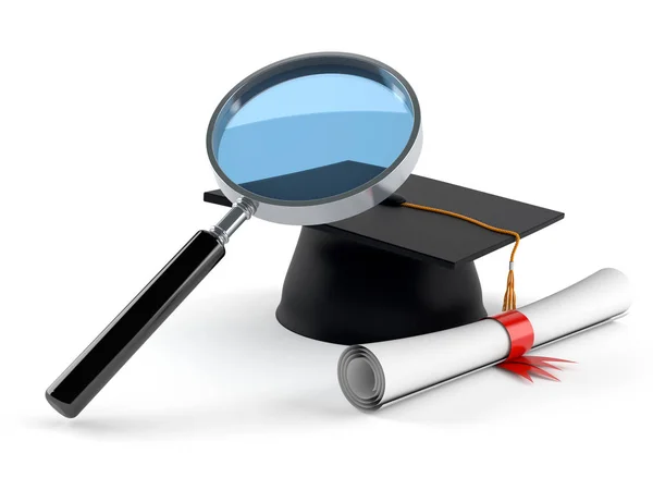 Magnifying glass with graduation hat — Stock Photo, Image