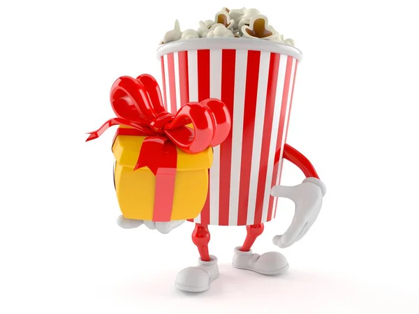 Popcorn character holding gift — Stock Photo, Image