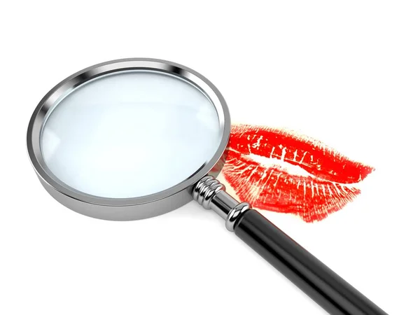 Vergrootglas met lippenstift kus — Stockfoto