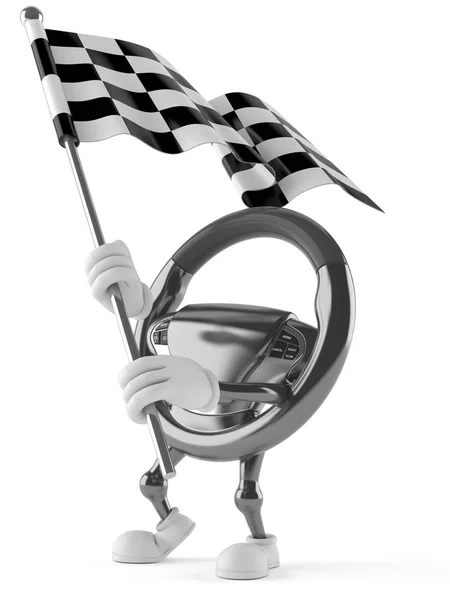 Χαρακτήρας τιμόνι αυτοκινήτου με αγωνιστικά σημαία — Φωτογραφία Αρχείου