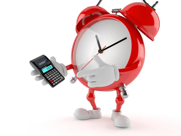 Personagem do relógio de alarme usando calculadora — Fotografia de Stock