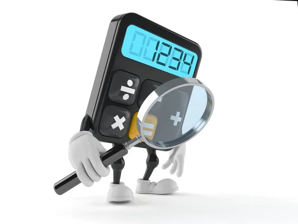 Calculator character looking through magnifying glass — Stock Photo, Image
