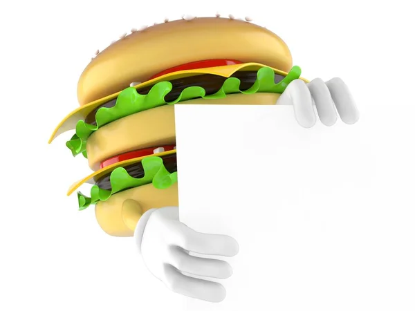 Hamburgerkaraktär bakom vit bräda — Stockfoto