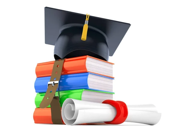 Stack of books with mortarboard — Stock Photo, Image