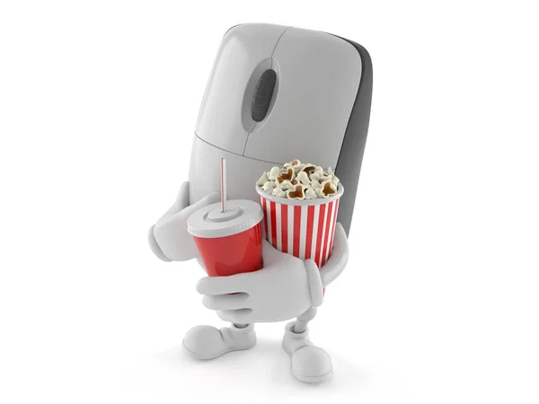 Персонаж компьютерной мыши с содовой и попкорном — стоковое фото