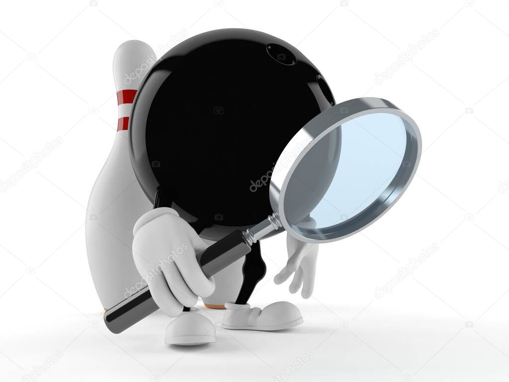 Bowling character looking through magnifying glass