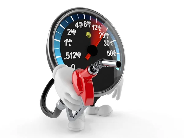 Caráter de medidor de velocidade de rede segurando bico de gasolina — Fotografia de Stock