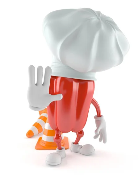 Paprika character with traffic cone — Stock Photo, Image