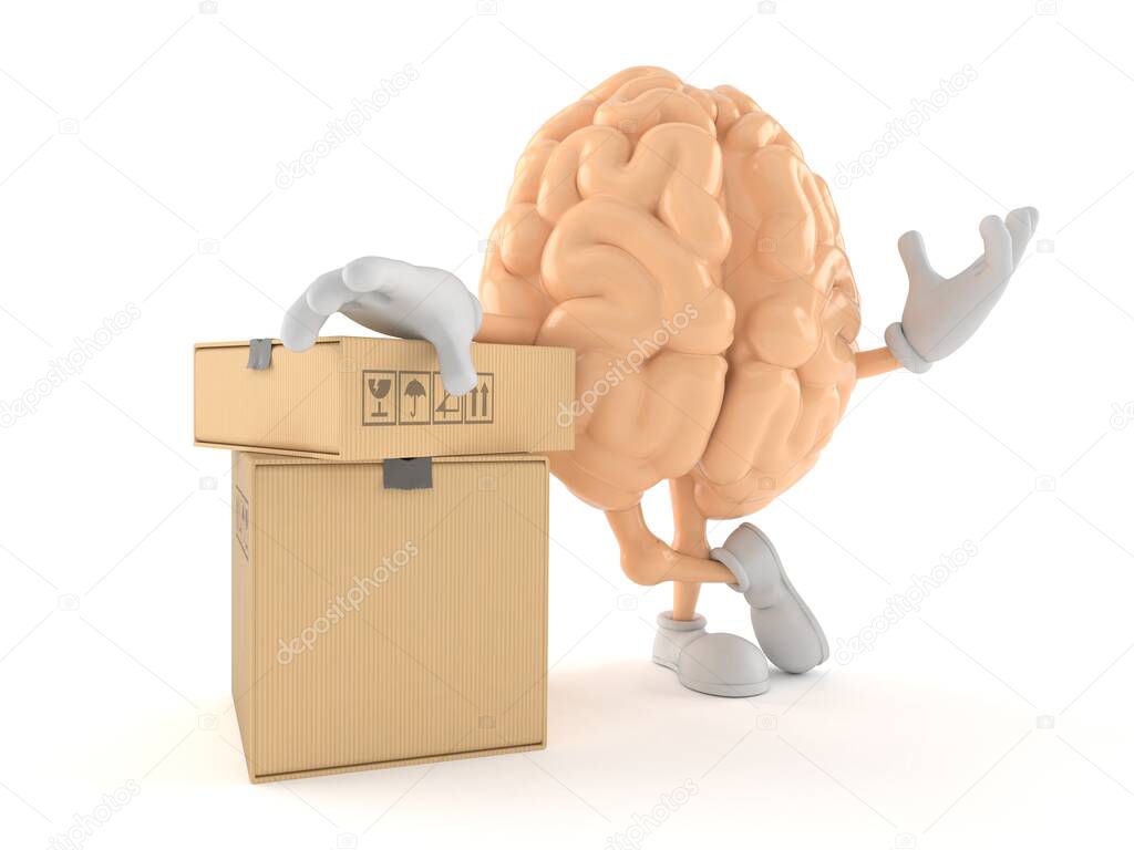 Brain character with stack of boxes