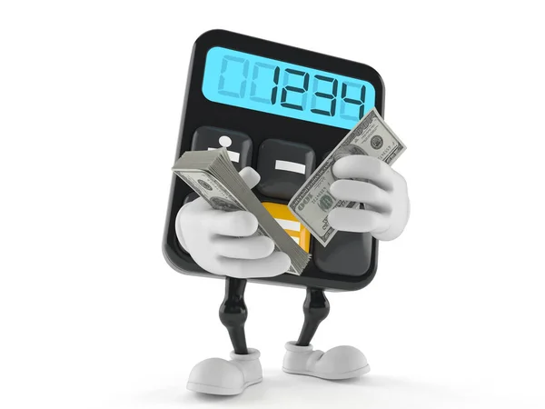 Персонаж калькулятора с деньгами — стоковое фото