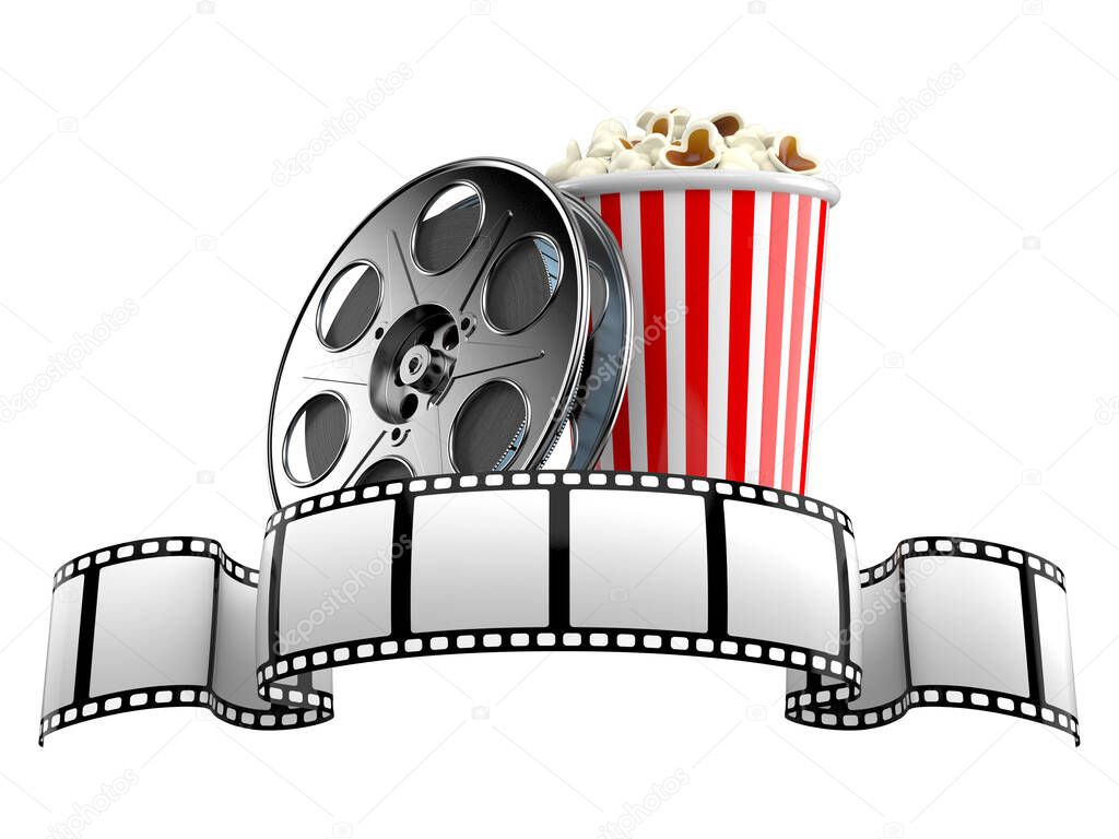 Film strip with film reel and popcorn