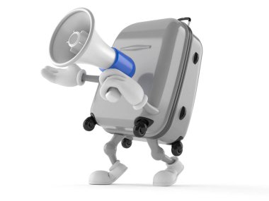 Çanta karakteri megafonla konuşuyor.