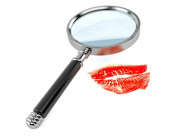 Vergrootglas met lippenstift kus — Stockfoto