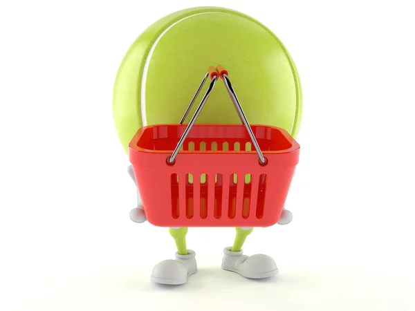 Tennis ball character holding shopping basket — ストック写真