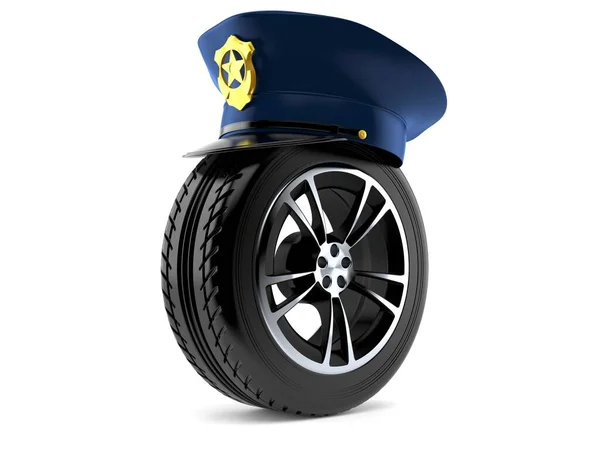 Chapeau de police avec roue de voiture — Photo