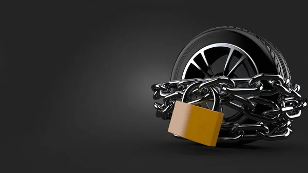 Neumático de coche con cadenas y candado —  Fotos de Stock