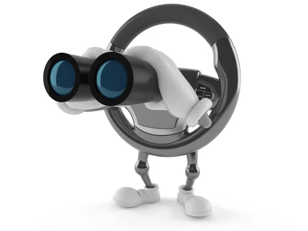 Car steering wheel character looking through binoculars — 图库照片