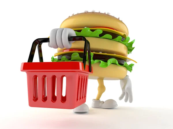 Hamburger karakteri alışveriş sepeti tutuyor. — Stok fotoğraf