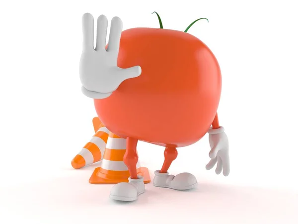 Trafik konisi olan domates karakteri — Stok fotoğraf